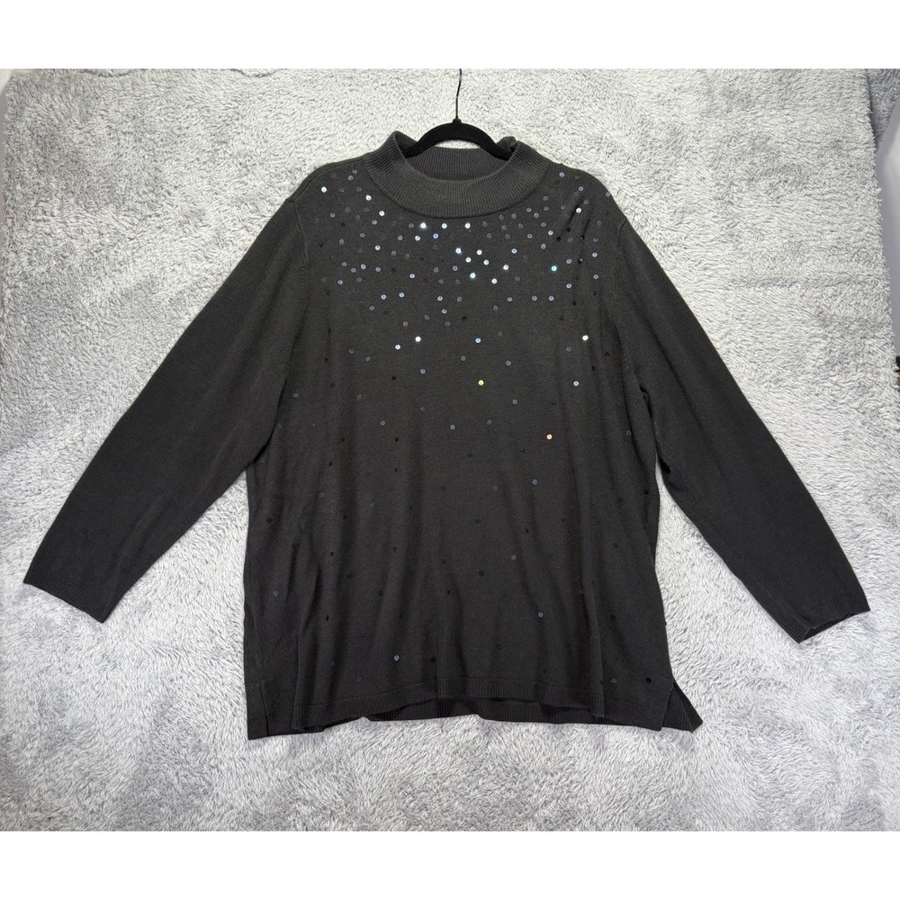 Quacker Factory Womens 2X Black Sequin Sweater Mock Neck Pullover Holiday Embell